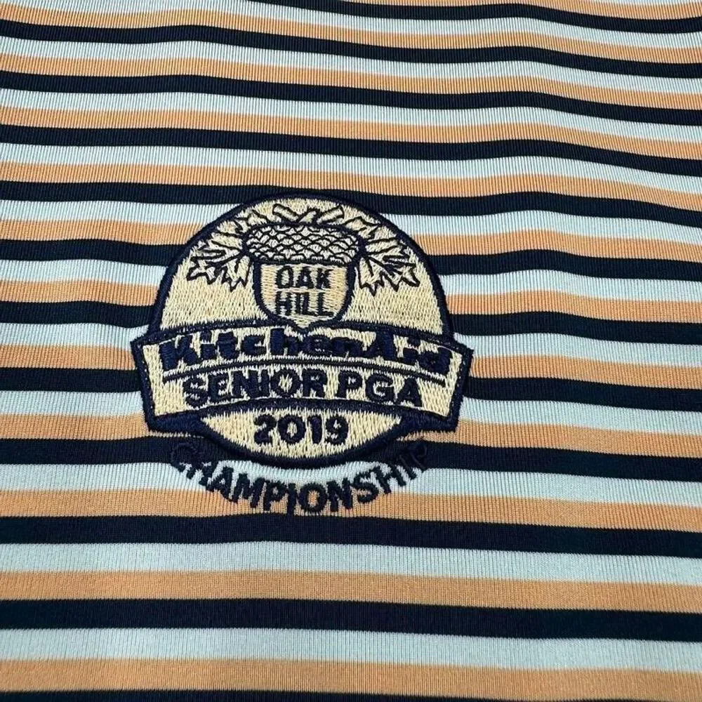 RLX Ralph Lauren Polo Shirt Large Orange‎ Blue Stripe Casual Oak Hill Golf Mens